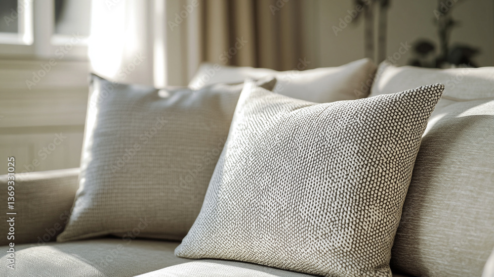 Aufkleber close up of textured pillows on a sofa in a bright room with window and curtains in the background