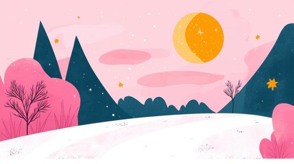 Obraz premium Serene Winter Landscape with Half Moon and Pink Sky