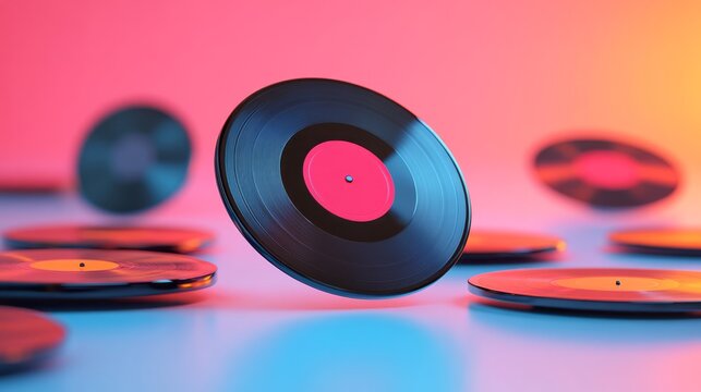 Floating vinyl record in colorful neon light music environment