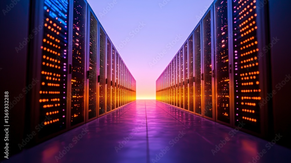 Poster illuminated data center server racks corridor path to the future of technology