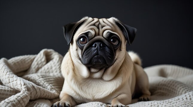 Adorable pug dog resting on a soft blanket in a cozy indoor setting with dark background, capturing the expressive face, wrinkled features, and calm temperament of the cute pet

