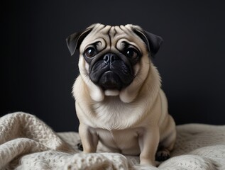 Obraz premium Adorable pug dog resting on a soft blanket in a cozy indoor setting with dark background, capturing the expressive face, wrinkled features, and calm temperament of the cute pet