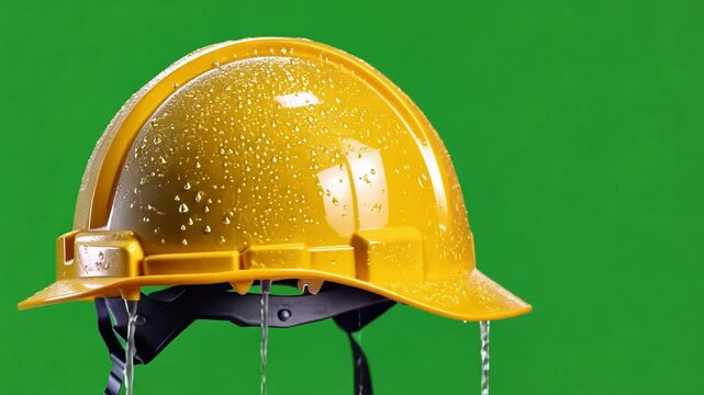 Safety Helmet in Focus: A striking visual of a bright yellow safety helmet, beadlets of water cascading over the protective surface in front of green screen, symbolizing safety.