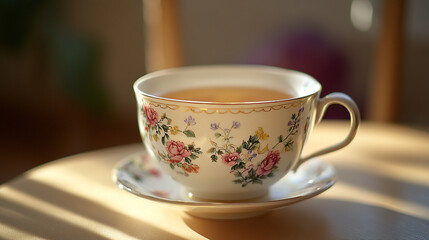 Fototapeta premium A floral teacup filled with tea sitting on a saucer on a table in soft sunlight indoors setting