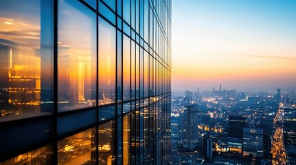A stunning cityscape at sunset, showcasing reflective skyscrapers and urban lights.