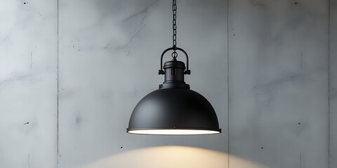 Obraz premium Minimalist industrial hanging lamp with warm glowing light against a clean concrete wall, symbolizing modern interior design, cozy home ambiance, and stylish contemporary lighting concept