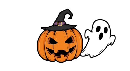 Cartoon Halloween Pumpkin Wearing Witch Hat with Cute Ghost Illustration