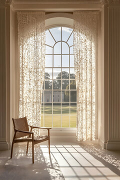 Fototapeta Sunlit Room with Sheer Curtains and Wooden Chair