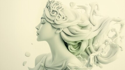 Fototapeta premium Serene Sculpted Woman with Intricate Hair and Crown Elegant 3D Render of a Goddess like Figure
