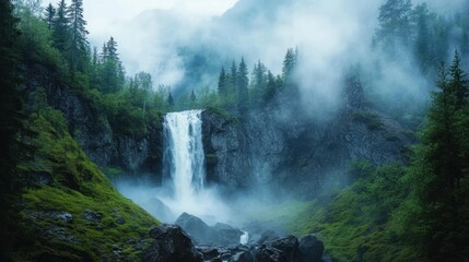 Mystical Waterfall in Lush Green Forest