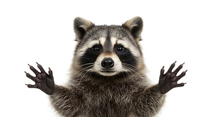 Obraz premium Cute Raccoon Portrait with Paws Up on White Background Studio Shot