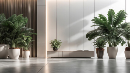 Contemporary and welcoming design, combining lush foliage, soft light and modern natural elements. Contemporary living room with biophilic decor.
