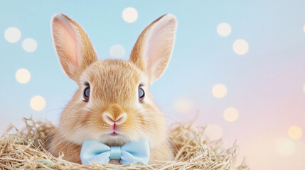 Obraz premium charming Easter bunny sitting in nest, adorned with blue bow tie, surrounded by soft bokeh lights