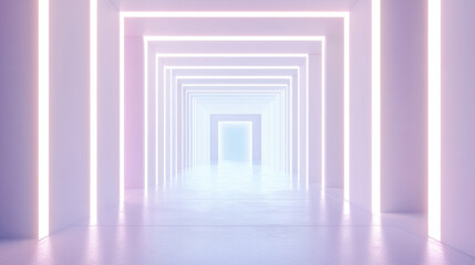 A futuristic tunnel with glowing neon lights creating a vanishing point perspective