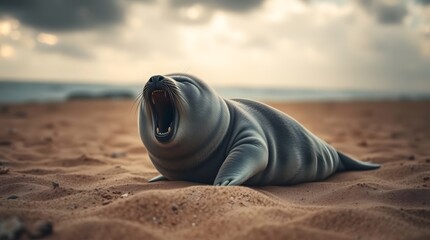 Yawning Seal on Sandy Beach at Sunrise