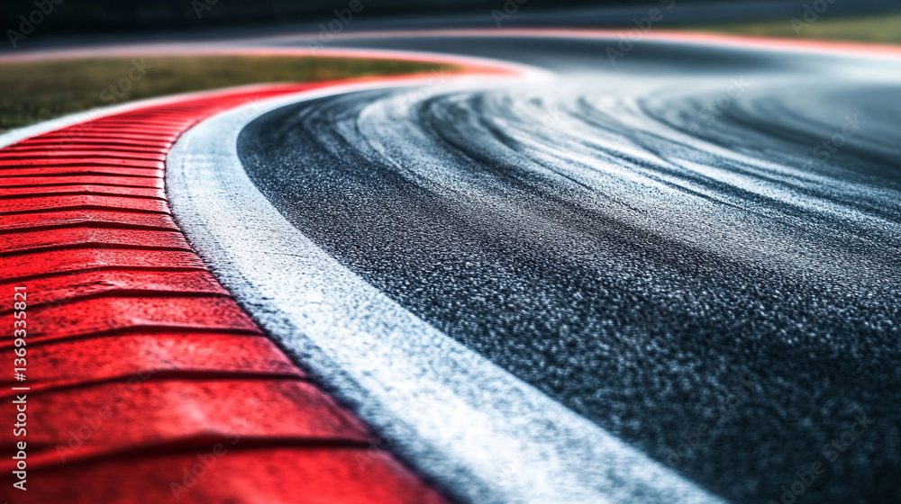 Poster a close up shot of a race track with red and white borders and tire marks on the asphalt surface