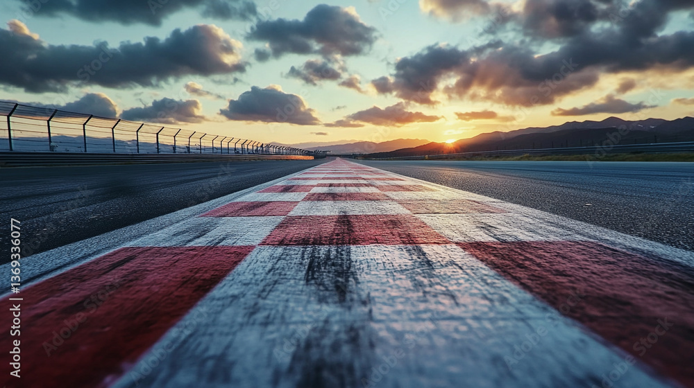 Poster a low angle view of a racetrack with checkered start line and sunset in the background with clouds