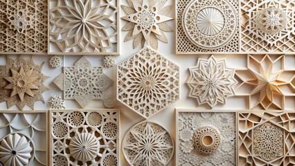 Intricate Geometric Paper Cut Art Display Featuring a Variety of Symmetrical and Radial Designs in a Cream Color Palette