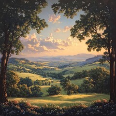 Obraz premium Serene Sunset Over Rolling Hills Landscape Painting