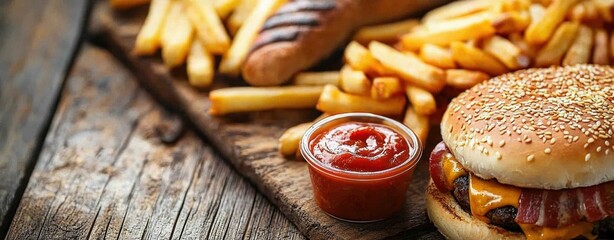 Fototapeta premium Juicy Cheeseburger with Crispy Fries and Ketchup