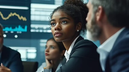 Diverse business team engaged in a strategic meeting with data analysis displayed on screens