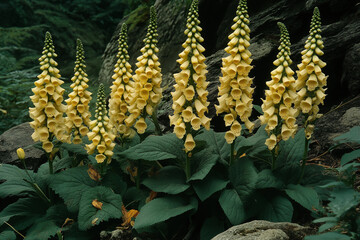 Fototapeta premium Cluster of yellow foxgloves reaching for the sky, their bell-like blossoms a spectacle in the wild.