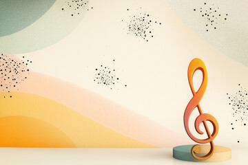 Artistic musical note against a textured backdrop, vibrant colors, standing on a platform.