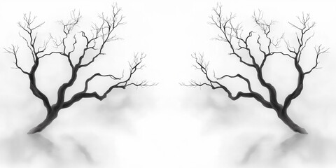 Obraz premium Symmetrical monochrome image of bare trees reflected in a misty expanse against a stark white background.