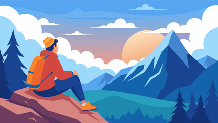 Fototapeta premium A solo hiker pauses on a mountain peak taking in the sweeping views and feeling completely at peace with the world.. Vector illustration