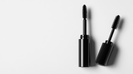 Close up shot of two black mascara tubes with wands on a white background in monochrome style