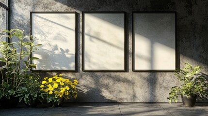 Three framed posters hang on a concrete wall with plants