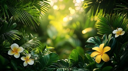 Tropical jungle foliage background, sunlit path, plumeria flowers