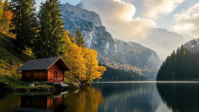 Lakeside cabin autumn mountain scenery