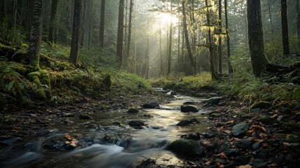 Obraz premium Mystical Forest Stream at Sunrise
