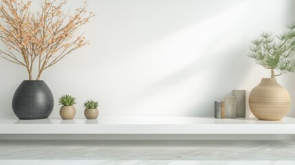 Minimalist Home Decor White Shelf with Plants and Vases against a White Wall