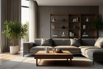 Modern Minimalist Living Room Interior Design with Sectional Sofa and Large Plant