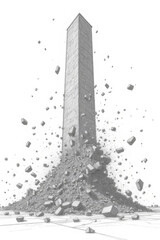 towering obelisk stands amidst chaotic explosion of debris, symbolizing destruction and transformation in surreal landscape
