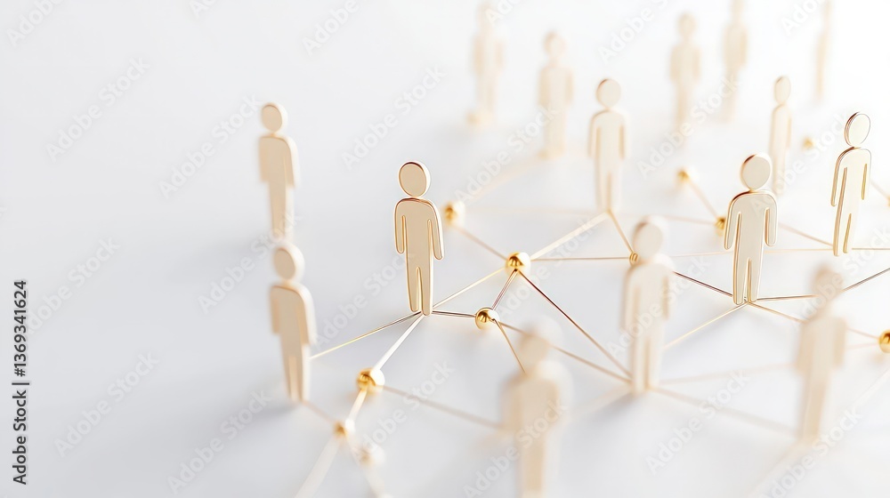 Poster global network connection abstract people figures interconnected by golden wires representing teamwo