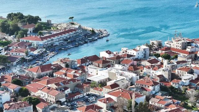Aerial view of Fo&ccedil;a - 4k aerial view of Foca district taken by drone - Foca Aegean fishing town and marina and fishing shelter