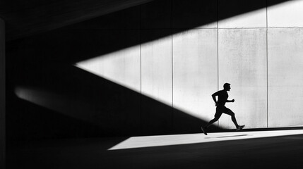 Silhouette of a man running in a black and white scene with light and shadow contrast on the wall