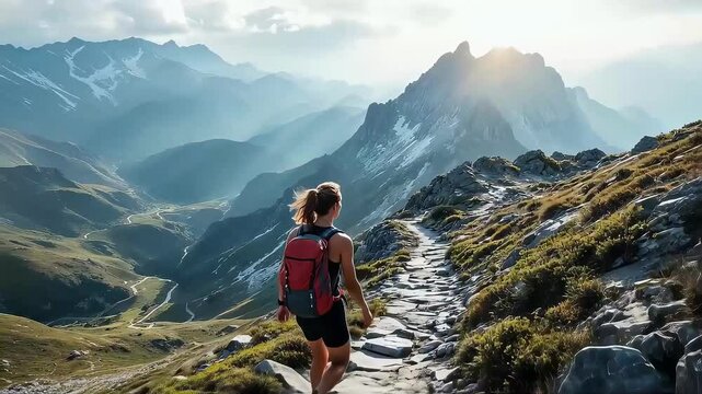 Female hiker exploring majestic mountain trails on a sunny day.