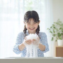 mother day concept, Joyful girl playing with bubbles in a bright, airy setting.