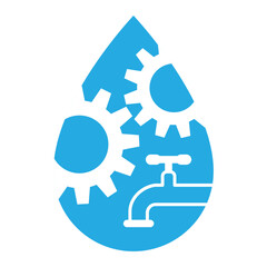 Blue water droplet logo with white gears and a faucet, symbolizing water management, sustainability, and engineering. Perfect for environmental, plumbing, and industrial design projects.