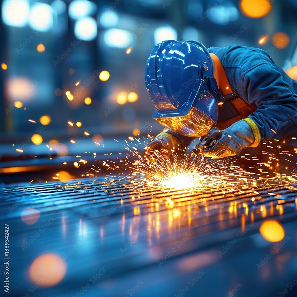 Poster labor day concept, welder creating sparks in a workshop with blue tones and bokeh lights.