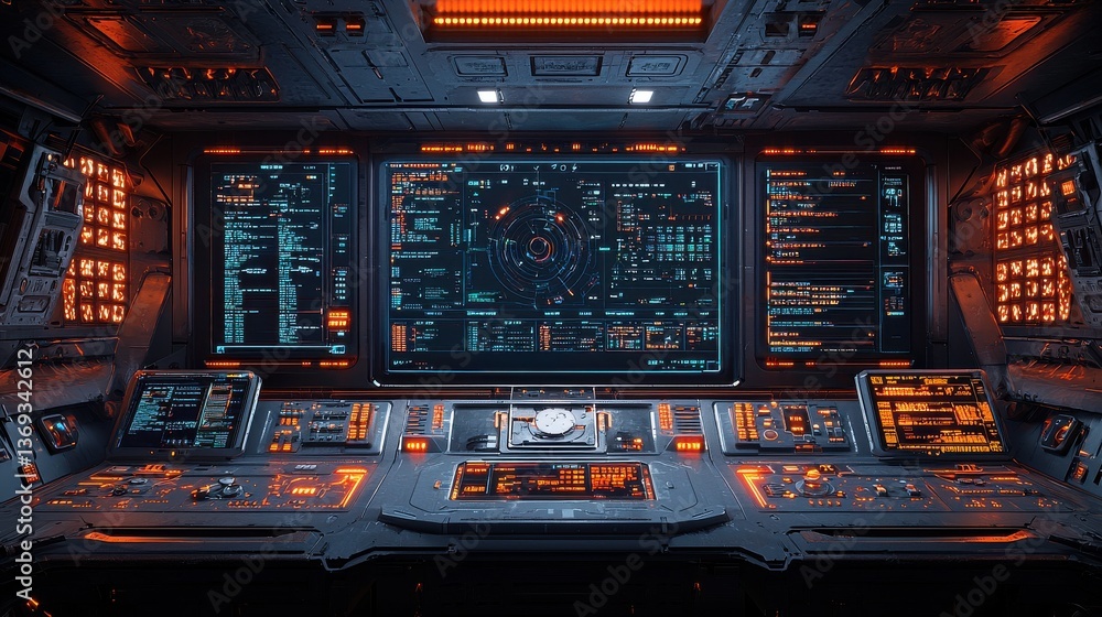 Poster detailed view of a highly advanced futuristic spacecraft cockpit interior featuring a complex digita