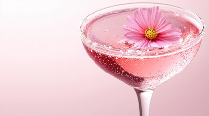 Sparkling Pink Cocktail with Flower Garnish in Elegant Glassware