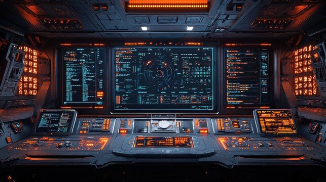Detailed view of a highly advanced futuristic spacecraft cockpit interior featuring a complex digital control dashboard with various monitoring screens navigational panels