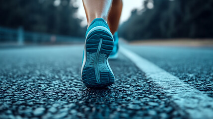 Close up of running shoes on asphalt road with white line in a blurred outdoor environment
