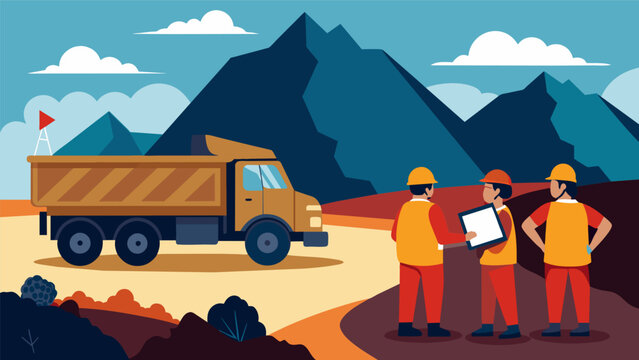 A team of geologists examining the quality of lignite as trucks full of the mineral rumble by in the background.. Vector illustration