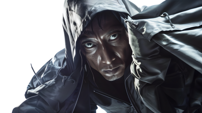 Intense CloseUp Portrait of a Person in a Hooded Jacket Dramatic Lighting and Mysterious Mood